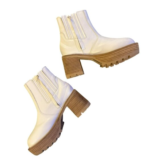 Oasis Society Chunky Heel Ankle Boots In Cream Man-Made Upper With Lug Sole & Si - Picture 2 of 8